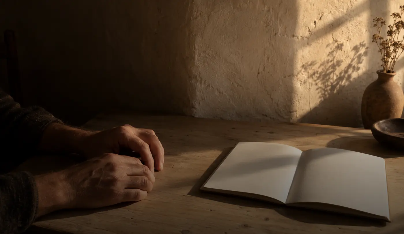 A single empty wooden chair against a plastered wall in raking light