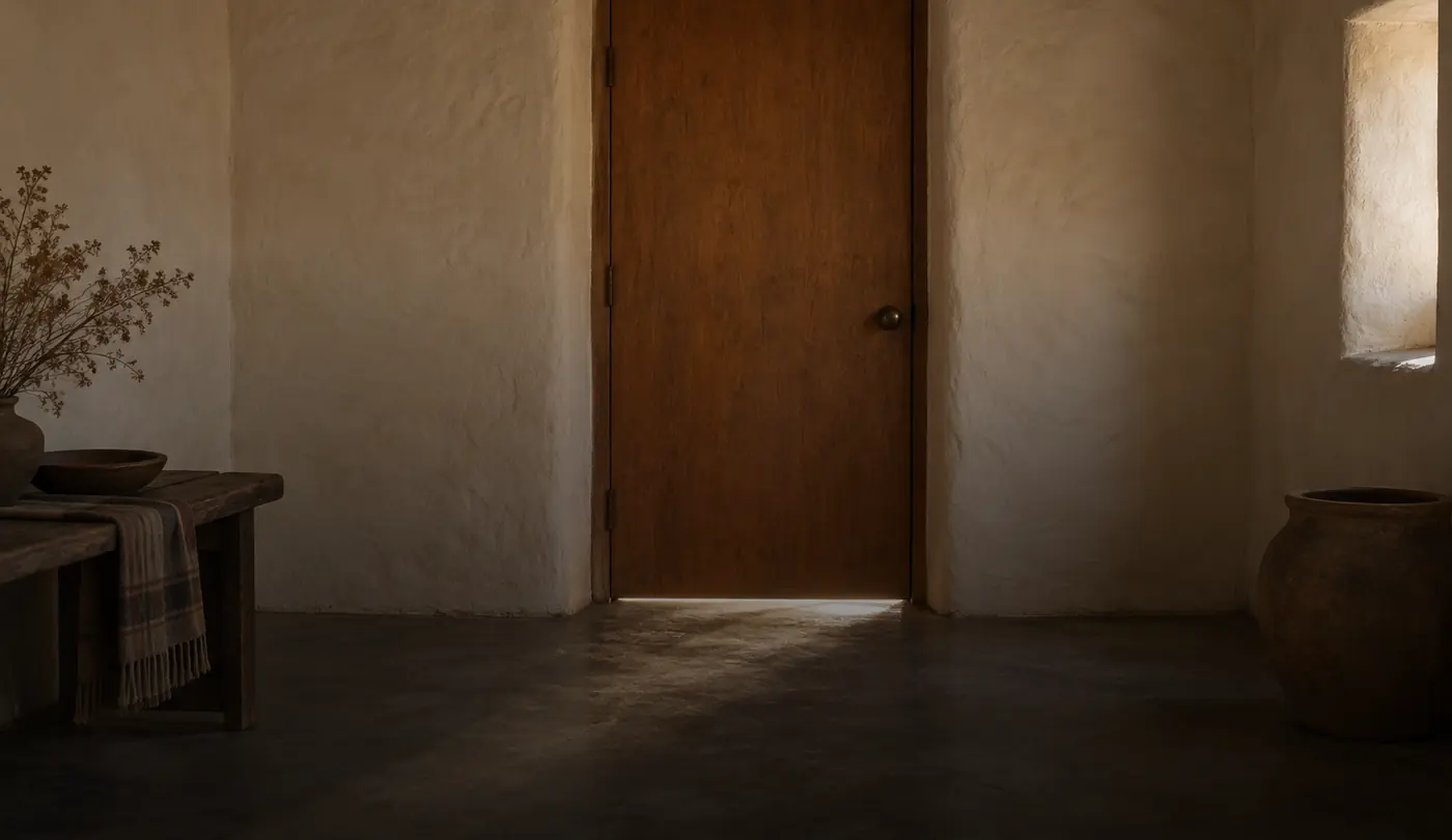 A closed door in a dim room with a thin line of daylight beneath it